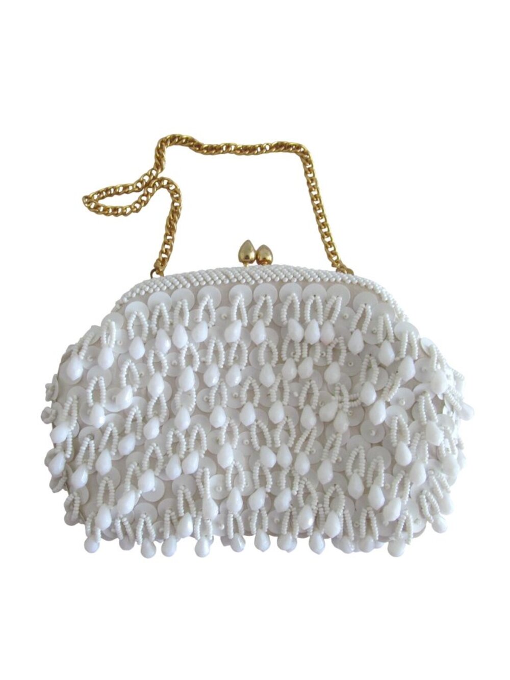Vintage White Beaded Clutch Purse Goldtone Chain Handle Cocktail Evening Bag